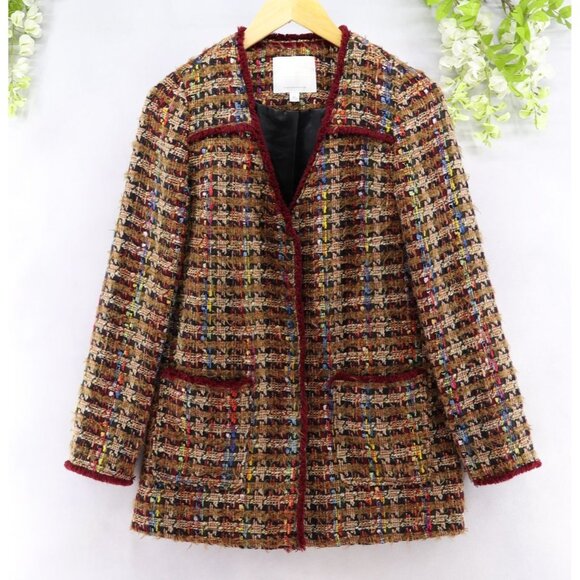 Ett:twa by Anthropologie Women's Harlequin Burgundy Multicolor Tweed Jacket XS - Picture 1 of 9